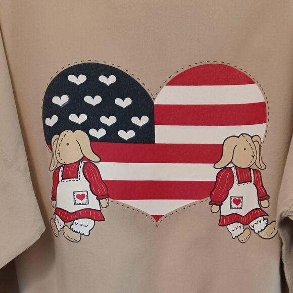 Quitman USA Patriotic Heart w Two Bunnies Graphic Tan Banded Bottom Pullover  XL - Picture 2 of 10